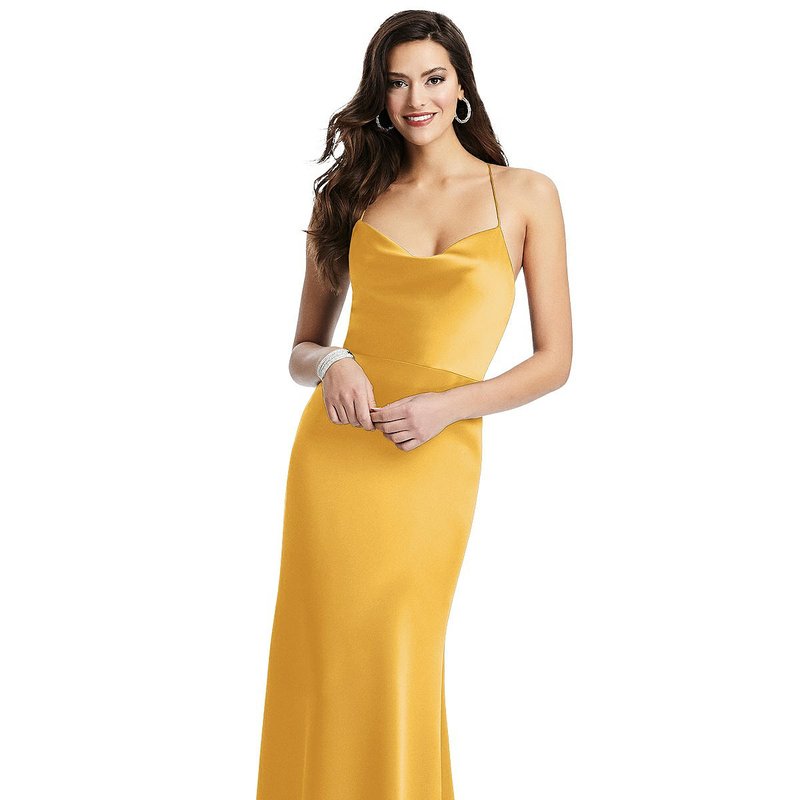 Dessy Collection Cowl-neck Criss Cross Back Slip Dress In Yellow