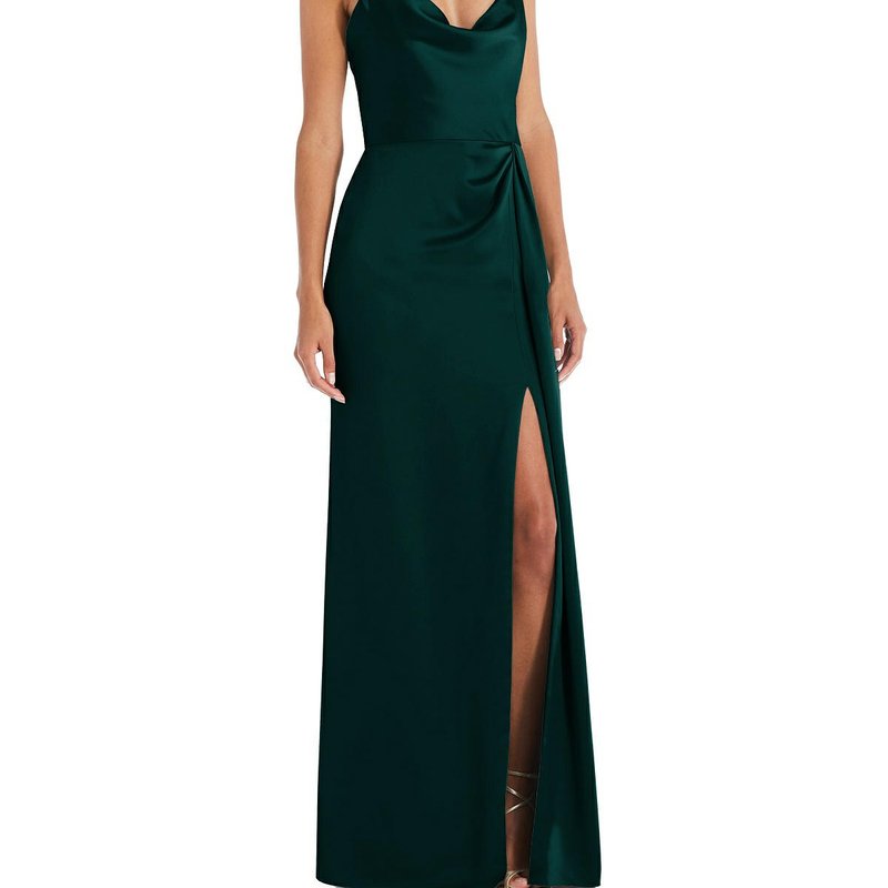Dessy Collection Cowl-neck Draped Wrap Maxi Dress With Front Slit In Evergreen