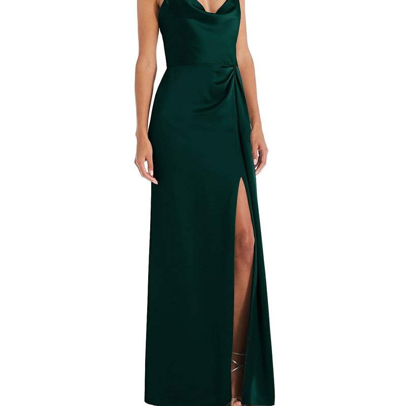 Shop Dessy Collection Cowl-neck Draped Wrap Maxi Dress With Front Slit In Green