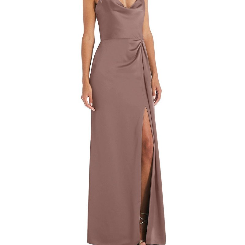 Shop Dessy Collection Cowl-neck Draped Wrap Maxi Dress With Front Slit In Brown