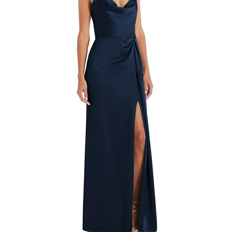 Dessy Collection Cowl-neck Draped Wrap Maxi Dress With Front Slit In Midnight Navy