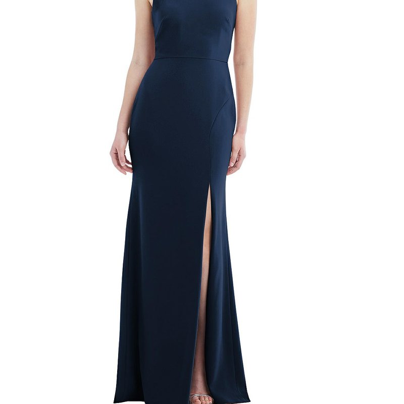 Shop Dessy Collection Cutout Open-back Halter Maxi Dress With Scarf Tie In Blue