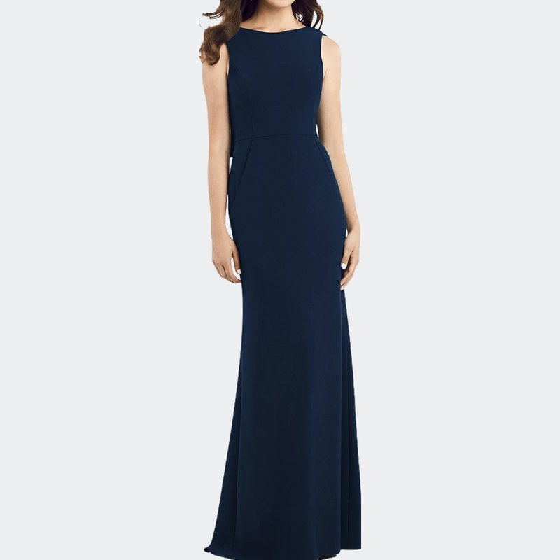 Dessy Collection Draped Backless Crepe Dress With Pockets In Midnight Navy