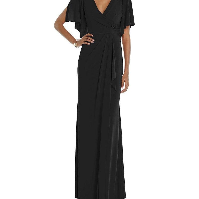 DESSY COLLECTION FAUX WRAP SPLIT SLEEVE MAXI DRESS WITH CASCADE SKIRT