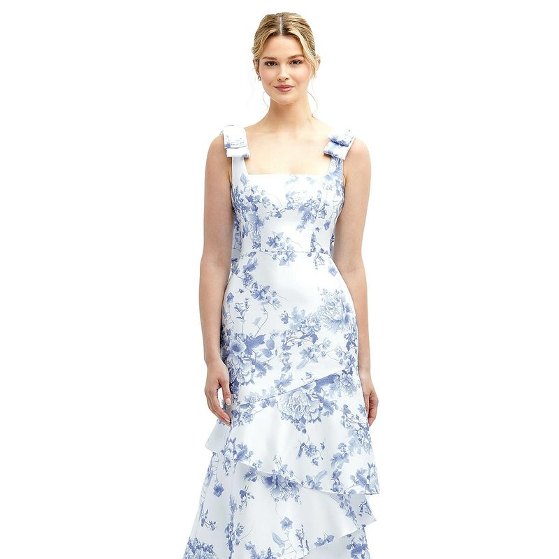 Shop Dessy Collection Floral Bow-shoulder Satin Maxi Dress With Asymmetrical Tiered Skirt In Blue