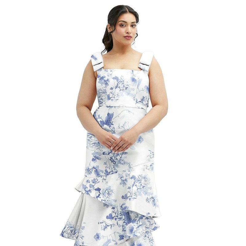 Shop Dessy Collection Floral Bow-shoulder Satin Midi Dress With Asymmetrical Tiered Skirt In White
