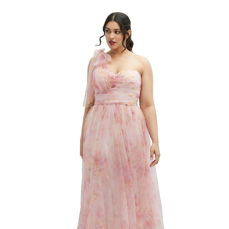 Shop Dessy Collection Floral Scarf Tie One-shoulder Tulle Dress With Long Full Skirt In Pink