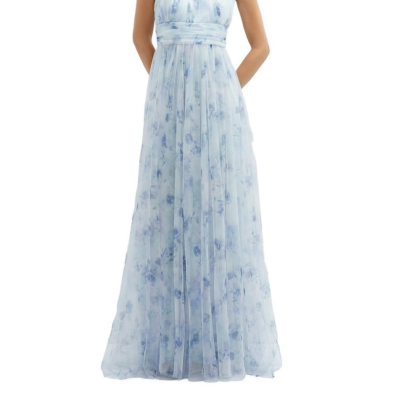 Shop Dessy Collection Floral Tie-back Halter Tulle Dress With Long Full Skirt & Rosette Detail In Blue