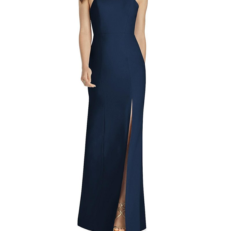 Shop Dessy Collection High-neck Backless Crepe Trumpet Gown In Blue