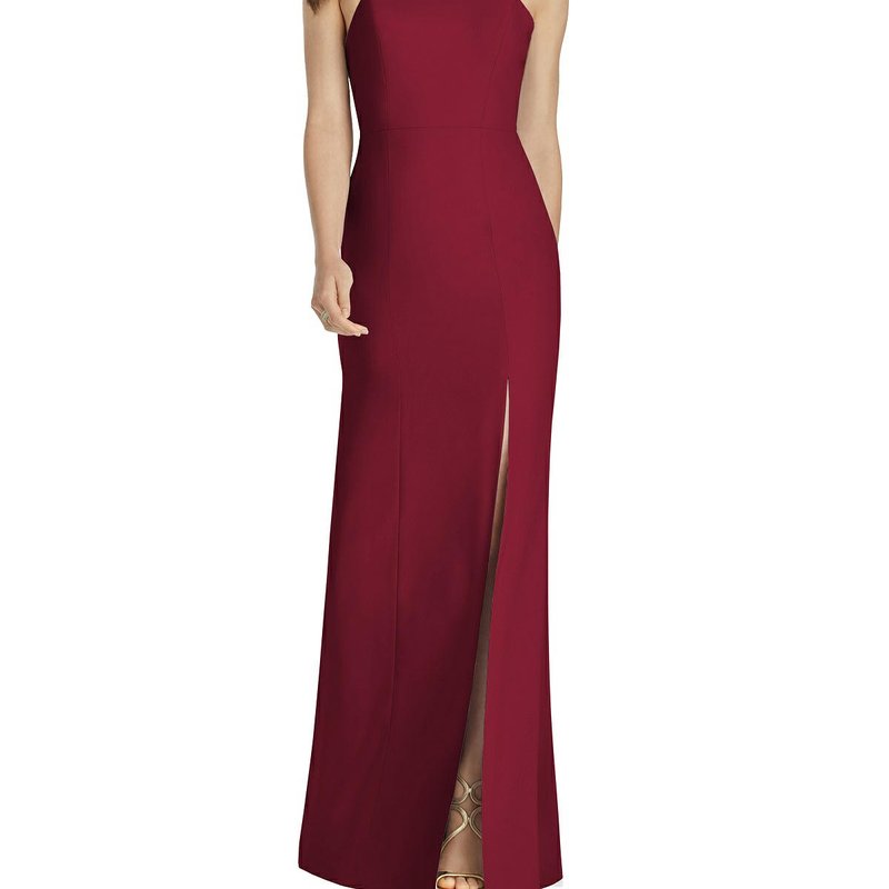 Dessy Collection High-neck Backless Crepe Trumpet Gown In Burgundy