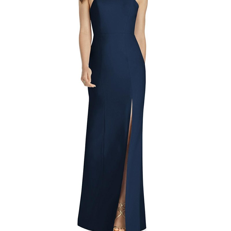 Dessy Collection High-neck Backless Crepe Trumpet Gown In Midnight Navy