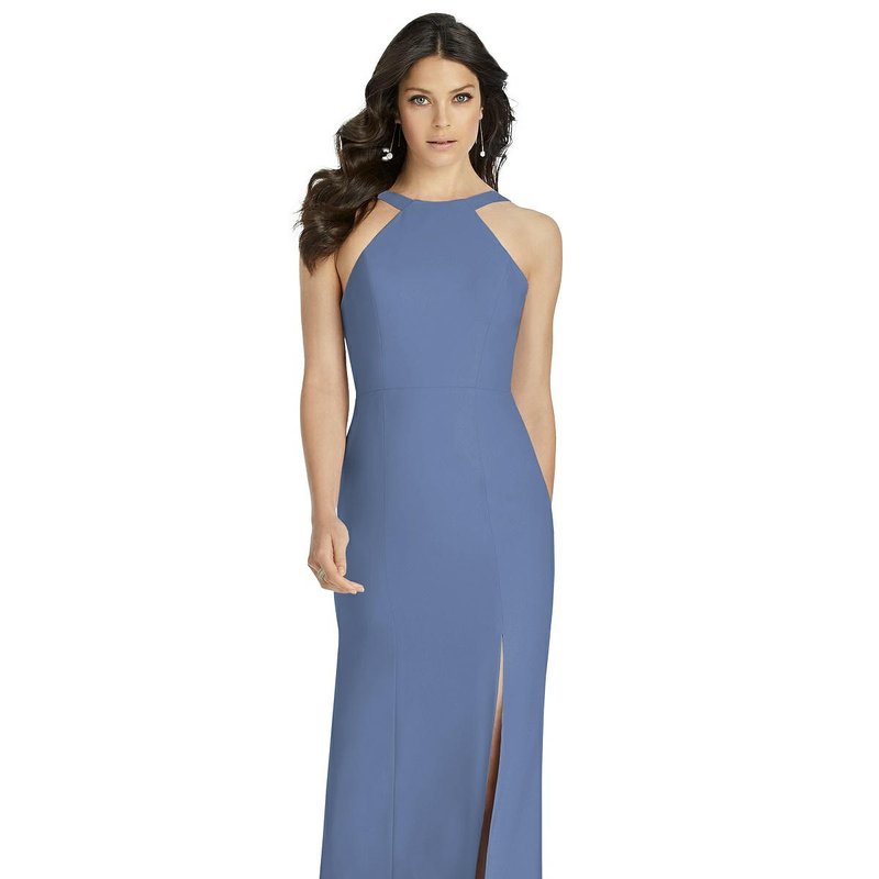 Dessy Collection High-neck Backless Crepe Trumpet Gown In Larkspur Blue