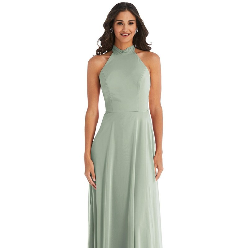 Dessy Collection High Neck Halter Backless Maxi Dress In Willow Green