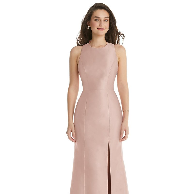 Dessy Collection Jewel Neck Bowed Open-back Trumpet Dress With Front Slit In Toasted Sugar