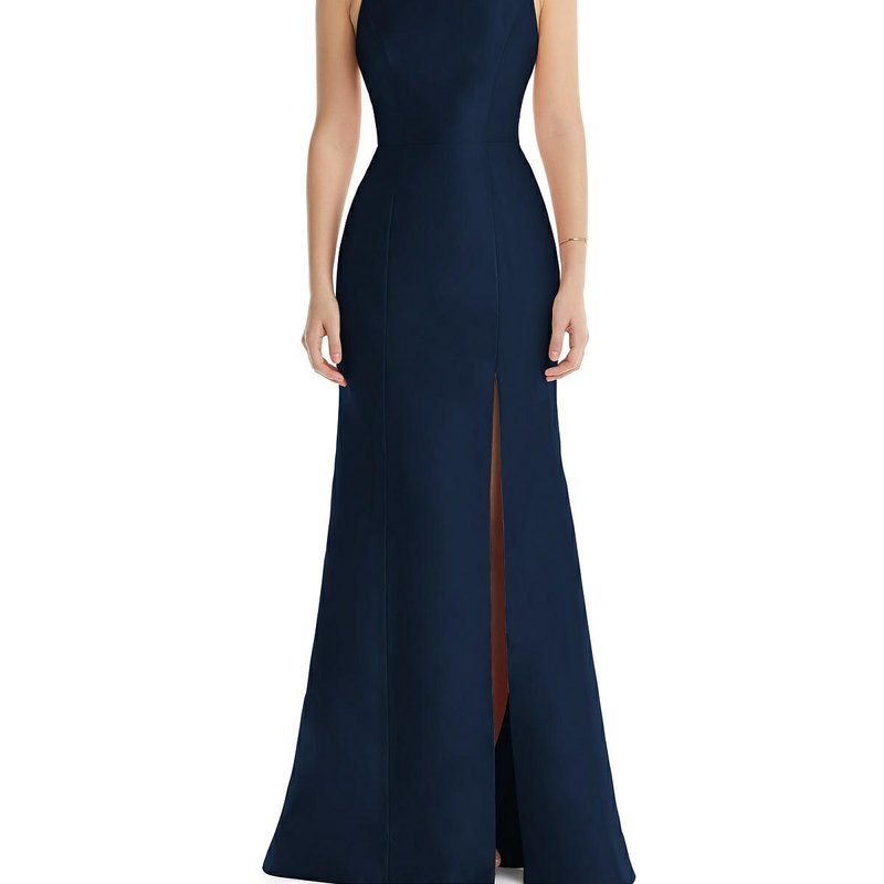 Dessy Collection Jewel Neck Bowed Open-back Trumpet Dress With Front Slit In Midnight Navy