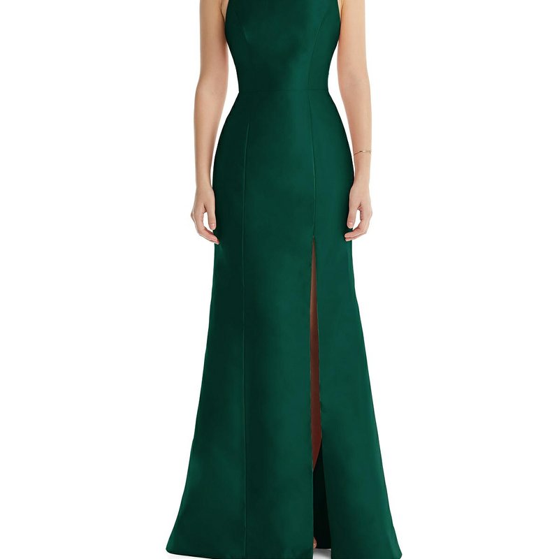 Dessy Collection Jewel Neck Bowed Open-back Trumpet Dress With Front Slit In Hunter Green