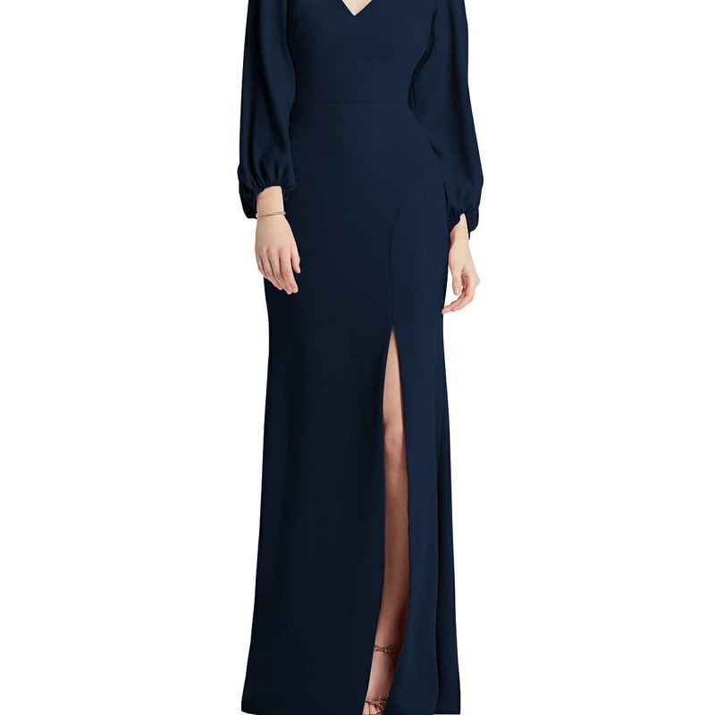 Dessy Collection Long Puff Sleeve V-neck Trumpet Gown In Midnight Navy
