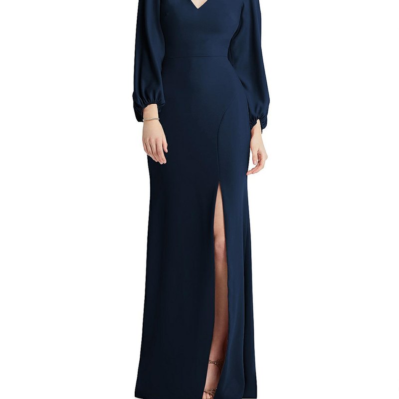 Dessy Collection Long Puff Sleeve V-neck Trumpet Gown In Blue