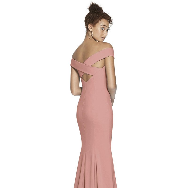 Dessy Collection Off-the-shoulder Criss Cross Back Trumpet Gown In Desert Rose