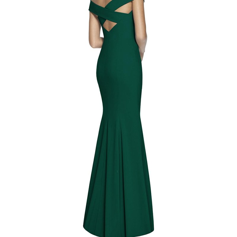 Dessy Collection Off-the-shoulder Criss Cross Back Trumpet Gown In Hunter Green