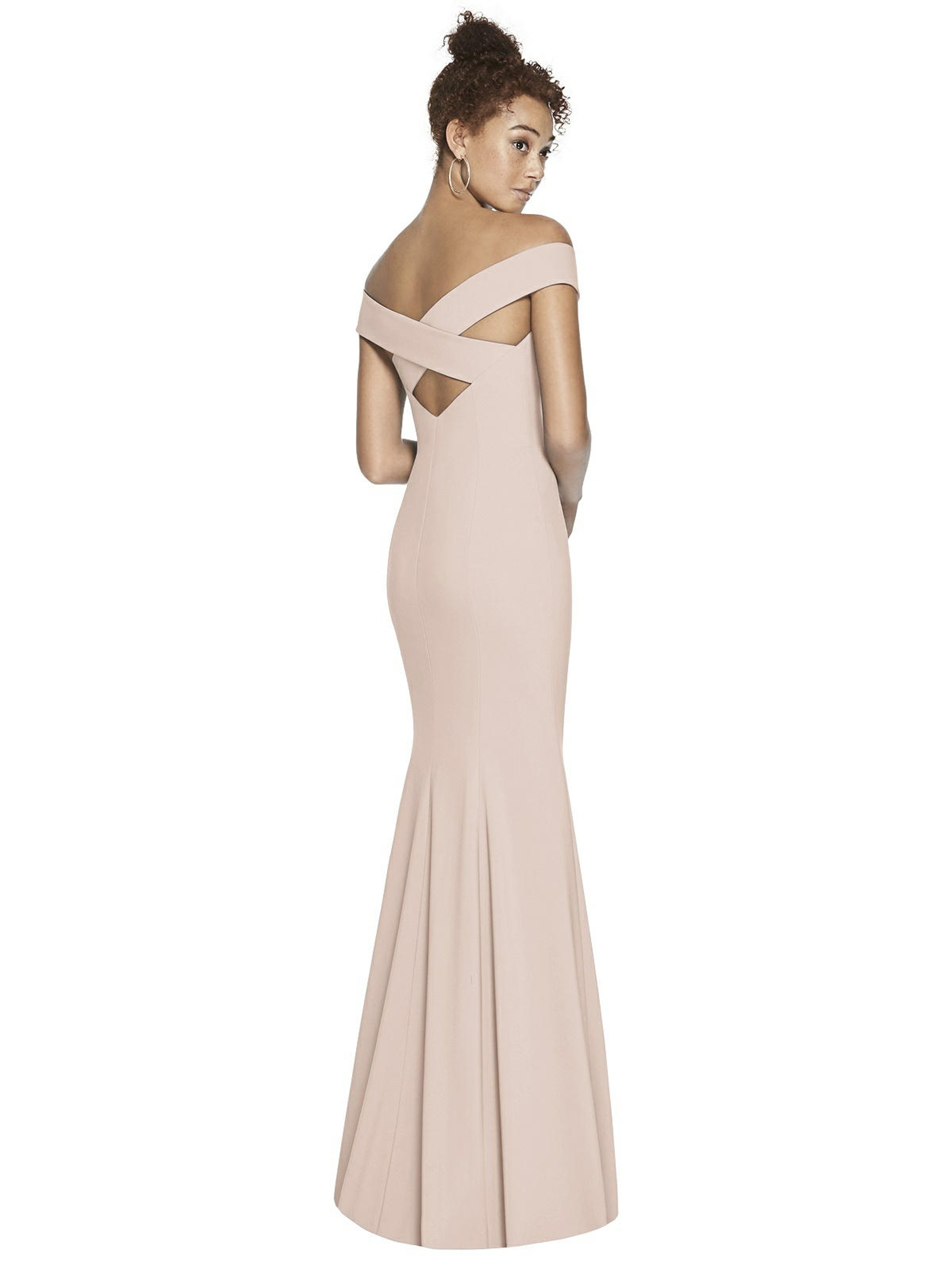 Dessy Collection Off-the-shoulder Criss Cross Back Trumpet Gown In Grey