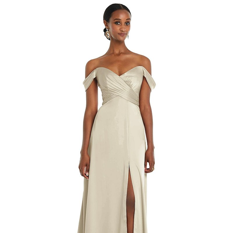 Shop Dessy Collection Off-the-shoulder Flounce Sleeve Empire Waist Gown With Front Slit In White