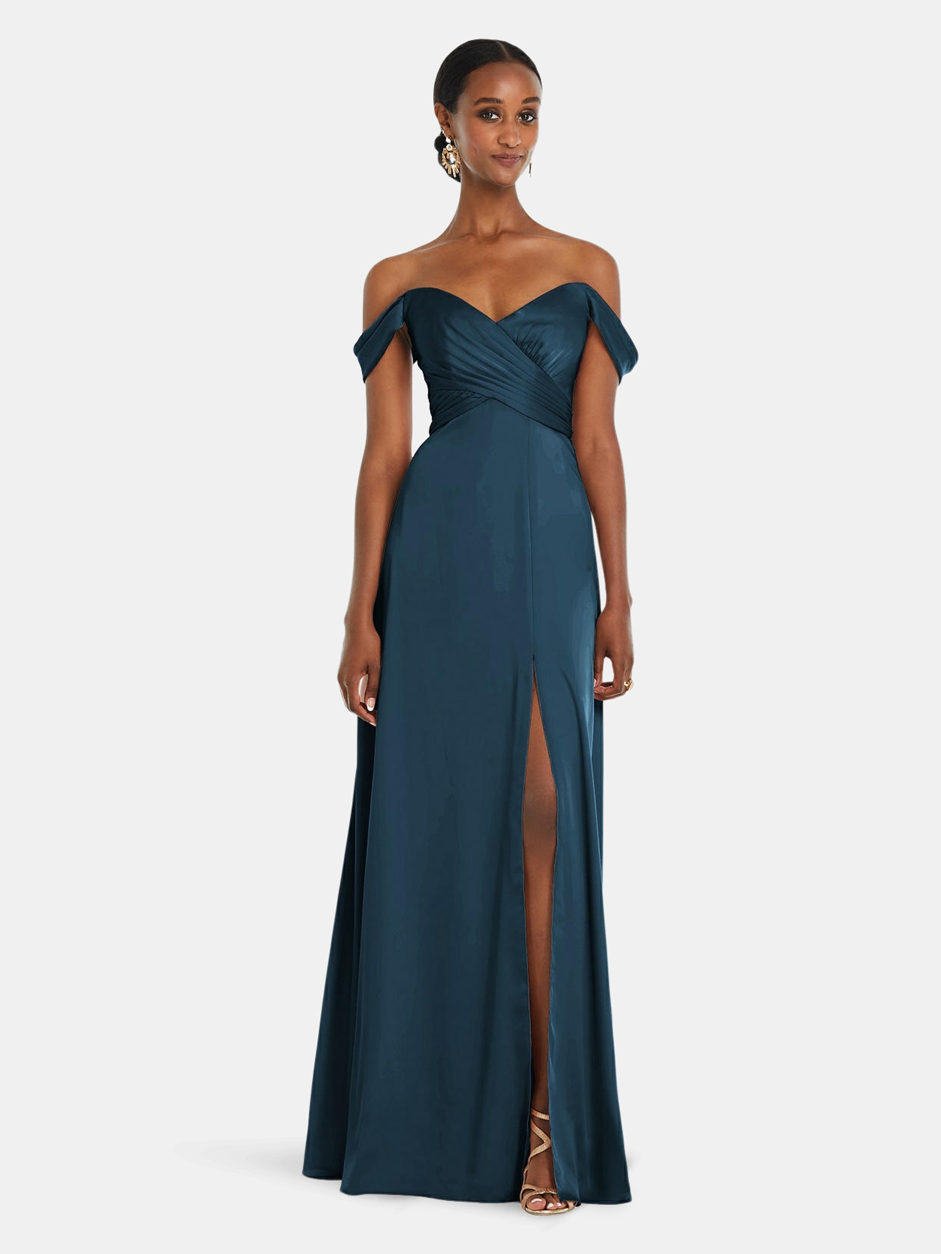 DESSY COLLECTION DESSY COLLECTION OFF-THE-SHOULDER FLOUNCE SLEEVE EMPIRE WAIST GOWN WITH FRONT SLIT