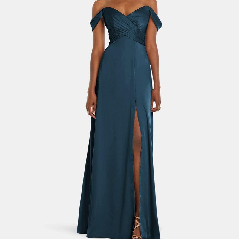 Dessy Collection Off-the-shoulder Flounce Sleeve Empire Waist Gown With Front Slit In Atlantic Blue