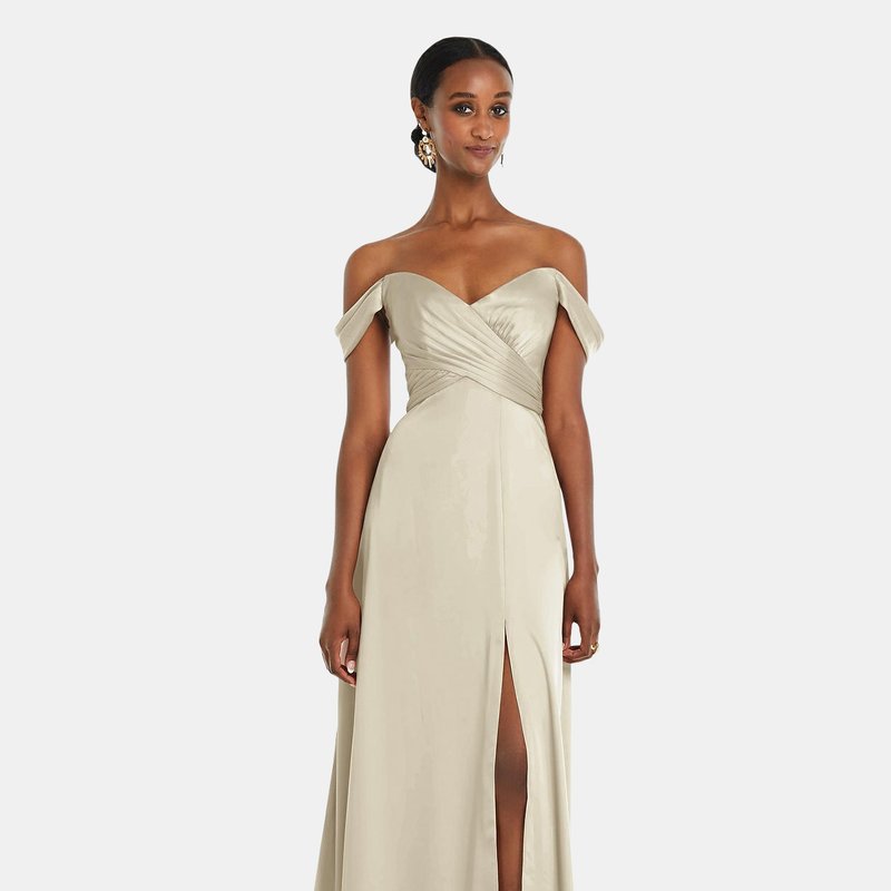 Dessy Collection Off-the-shoulder Flounce Sleeve Empire Waist Gown With Front Slit In Champagne