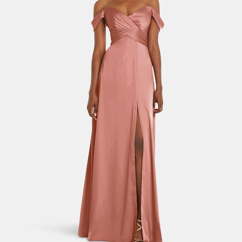 Dessy Collection Off-the-shoulder Flounce Sleeve Empire Waist Gown With Front Slit In Desert Rose