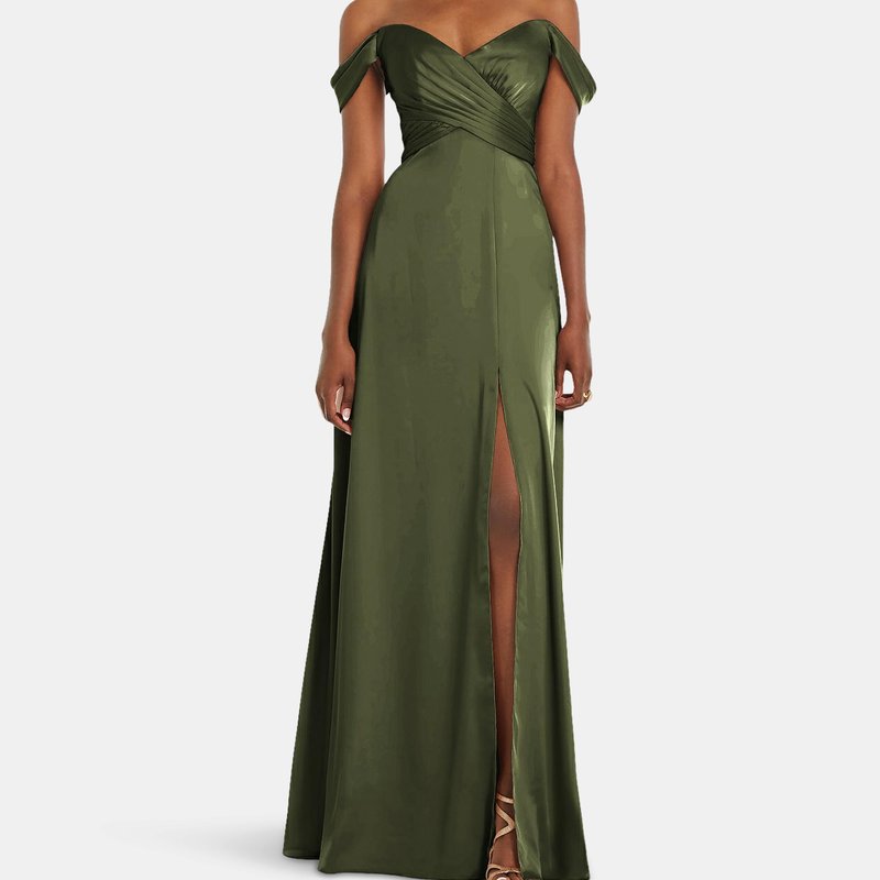 Dessy Collection Off-the-shoulder Flounce Sleeve Empire Waist Gown With Front Slit In Olive Green