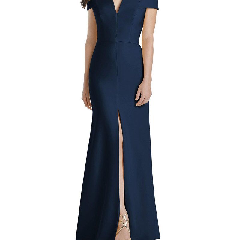 DESSY COLLECTION DESSY COLLECTION OFF-THE-SHOULDER NOTCH TRUMPET GOWN WITH FRONT SLIT