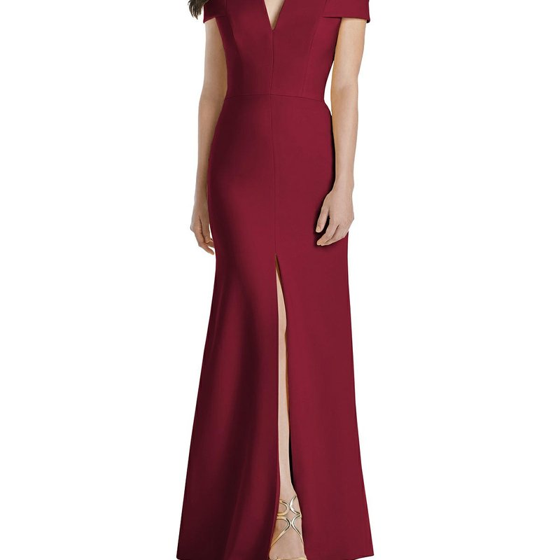 Dessy Collection Off-the-shoulder Notch Trumpet Gown With Front Slit In Burgundy