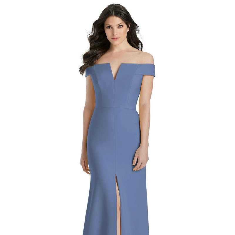 Dessy Collection Off-the-shoulder Notch Trumpet Gown With Front Slit In Larkspur Blue