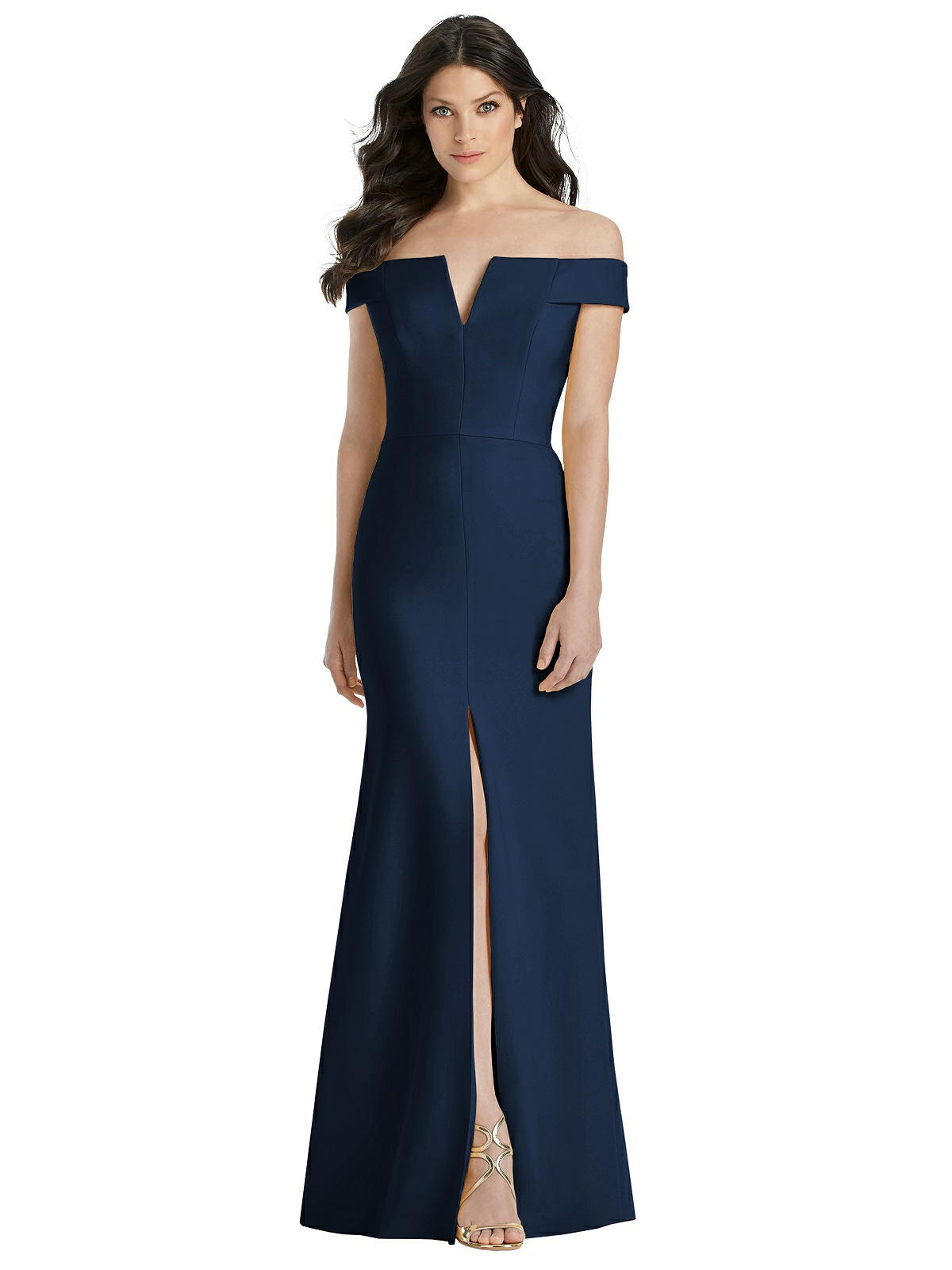 Dessy Collection Off-the-shoulder Notch Trumpet Gown With Front Slit In Blue