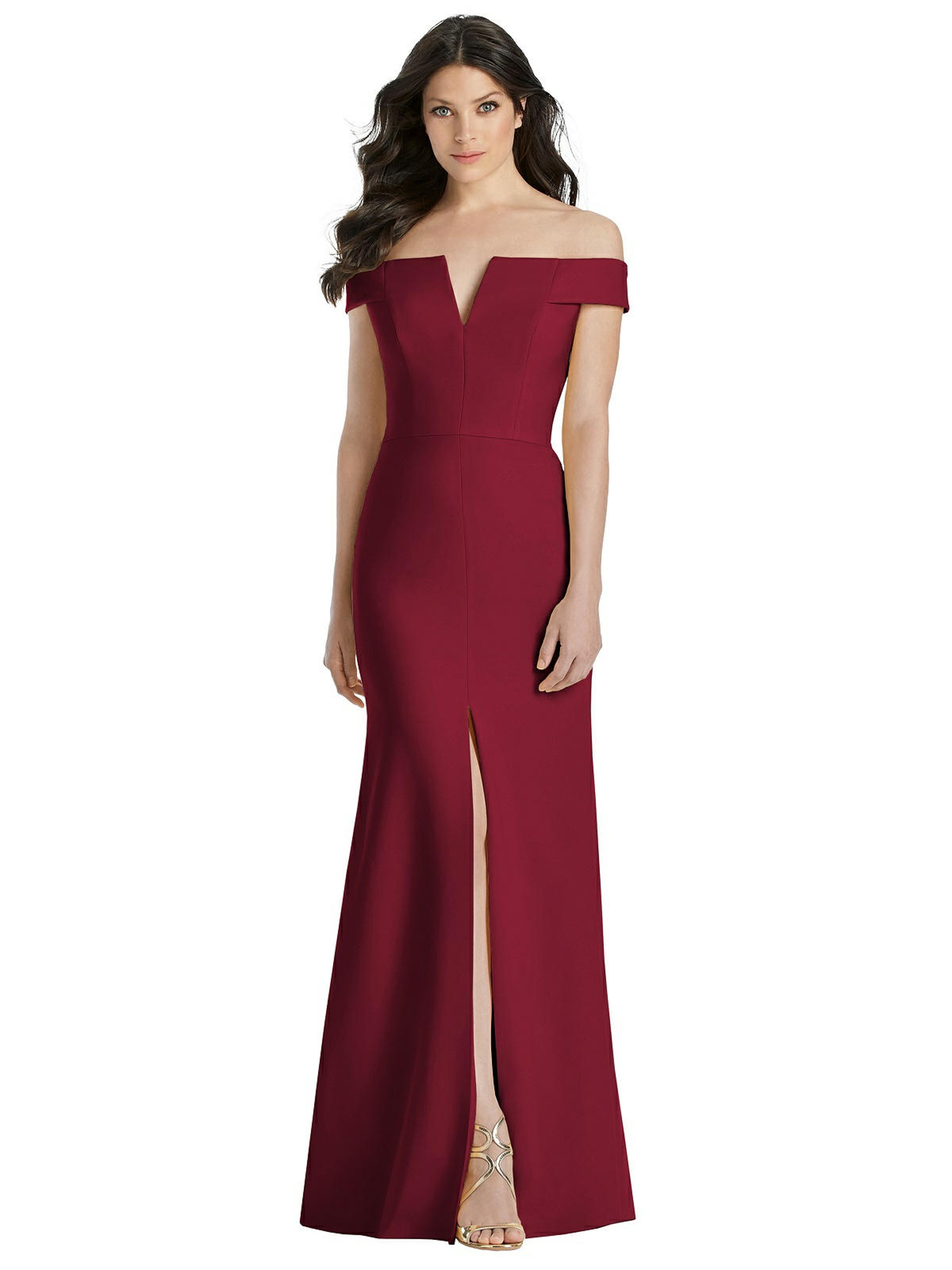DESSY COLLECTION DESSY COLLECTION OFF-THE-SHOULDER NOTCH TRUMPET GOWN WITH FRONT SLIT