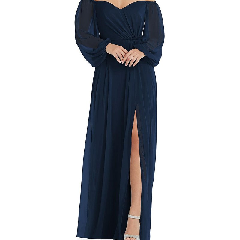 Dessy Collection Off-the-shoulder Puff Sleeve Maxi Dress With Front Slit In Blue