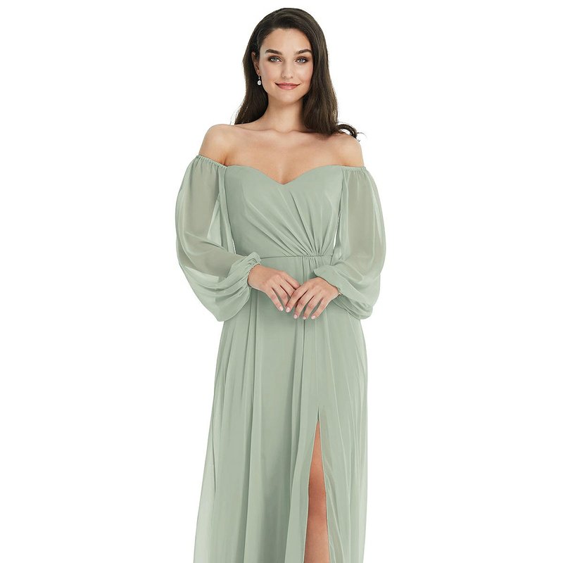 Dessy Collection Off-the-shoulder Puff Sleeve Maxi Dress With Front Slit In Green