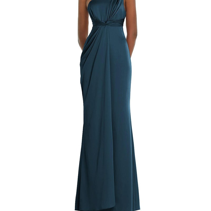 Dessy Collection One-shoulder Draped Twist Empire Waist Trumpet Gown In Blue