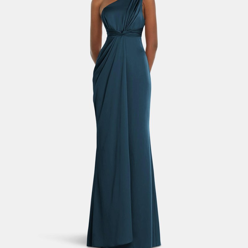 Dessy Collection One-shoulder Draped Twist Empire Waist Trumpet Gown In Atlantic Blue
