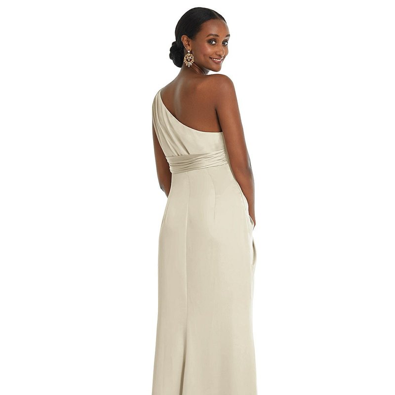 Shop Dessy Collection One-shoulder Draped Twist Empire Waist Trumpet Gown In Grey