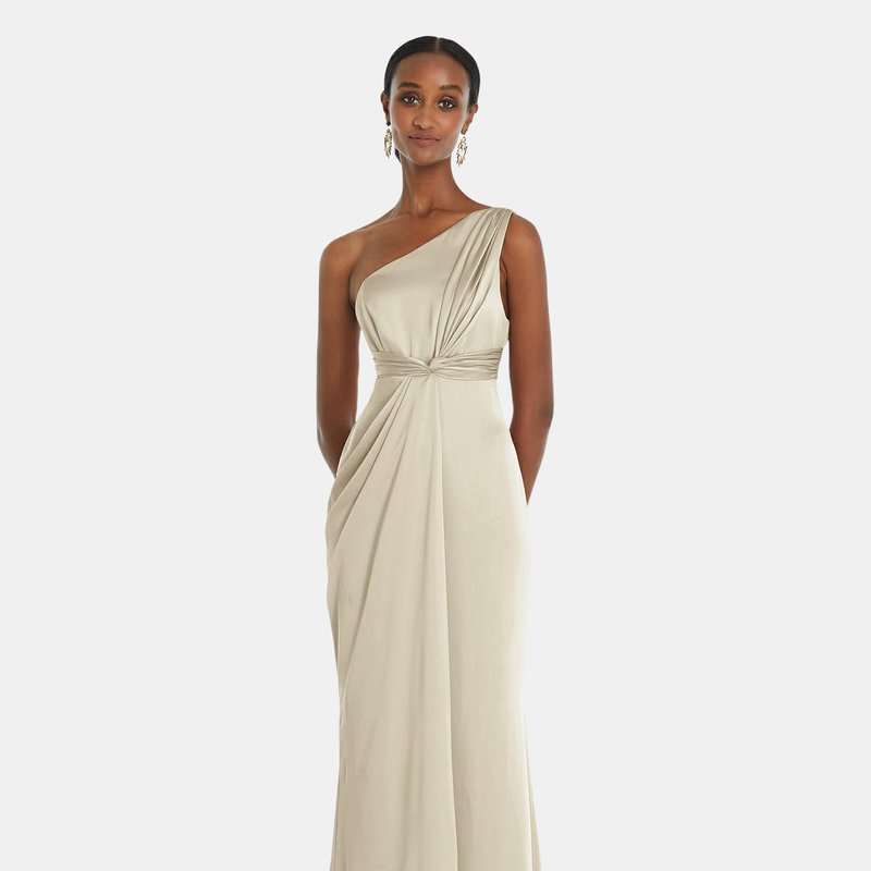 Dessy Collection One-shoulder Draped Twist Empire Waist Trumpet Gown In Champagne