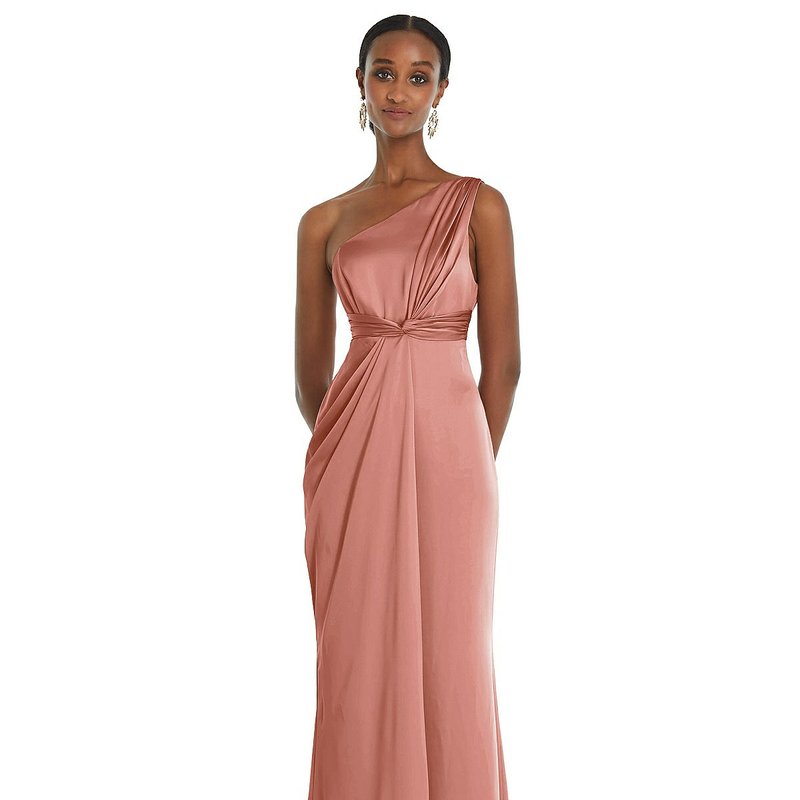 Dessy Collection One-shoulder Draped Twist Empire Waist Trumpet Gown In Pink