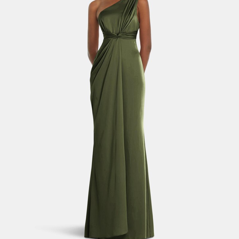 Dessy Collection One-shoulder Draped Twist Empire Waist Trumpet Gown In Olive Green