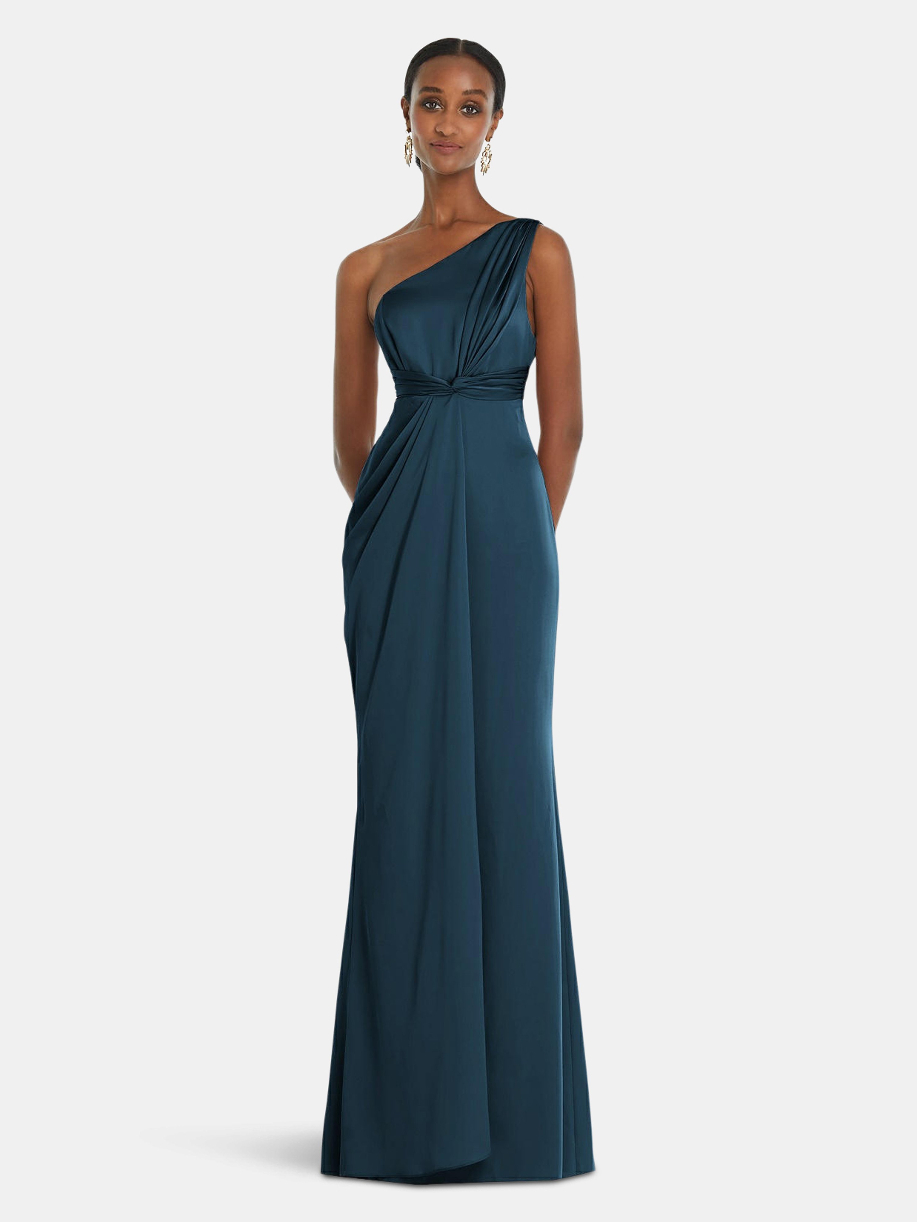 DESSY COLLECTION DESSY COLLECTION ONE-SHOULDER DRAPED TWIST EMPIRE WAIST TRUMPET GOWN