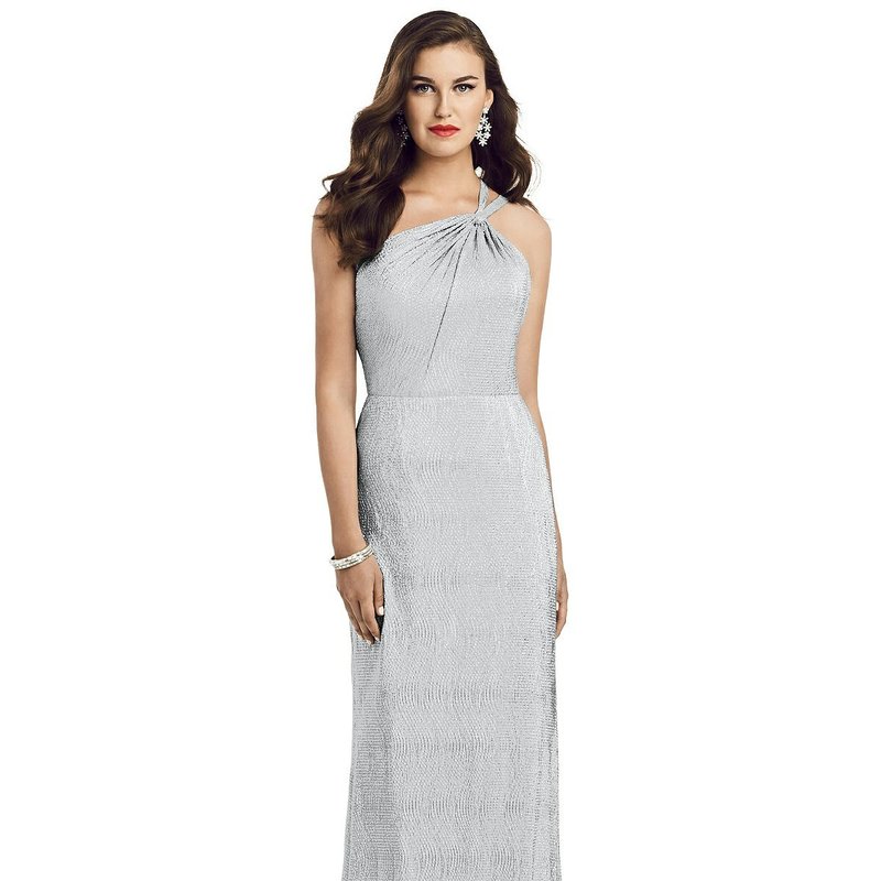 Dessy Collection One-shoulder Twist Metallic Trumpet Gown In Silver