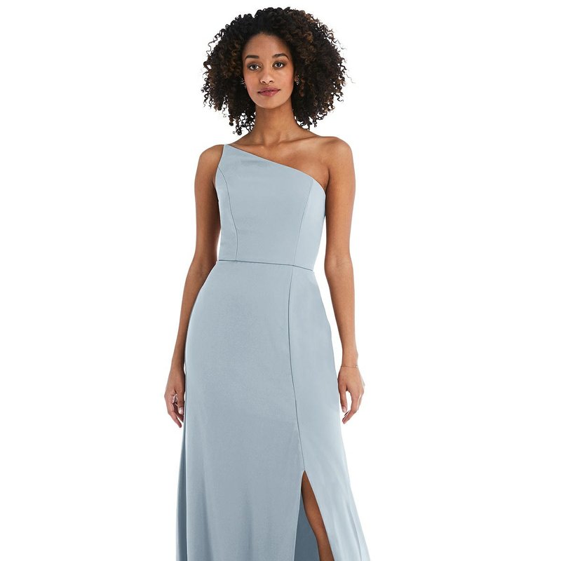 Dessy Collection Skinny One-shoulder Trumpet Gown With Front Slit In Mist