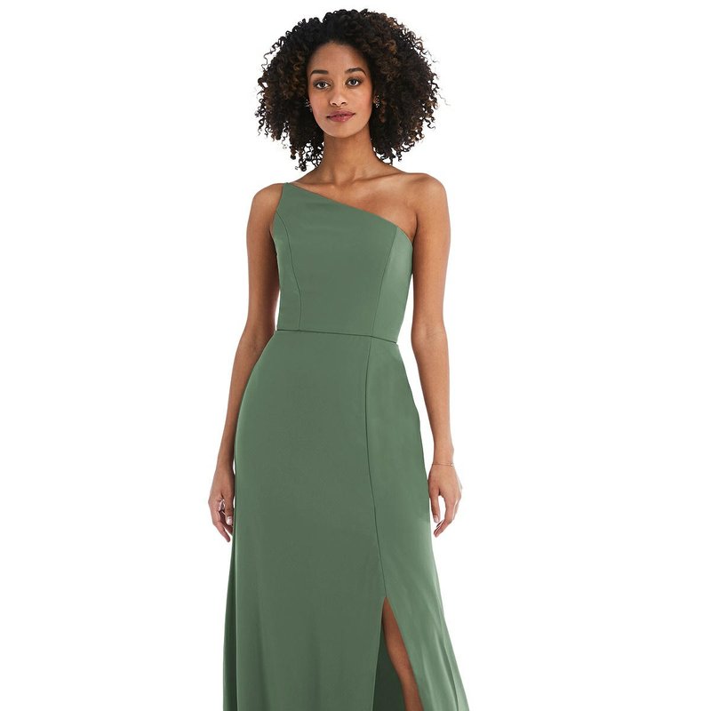 Dessy Collection Skinny One-shoulder Trumpet Gown With Front Slit In Vineyard Green