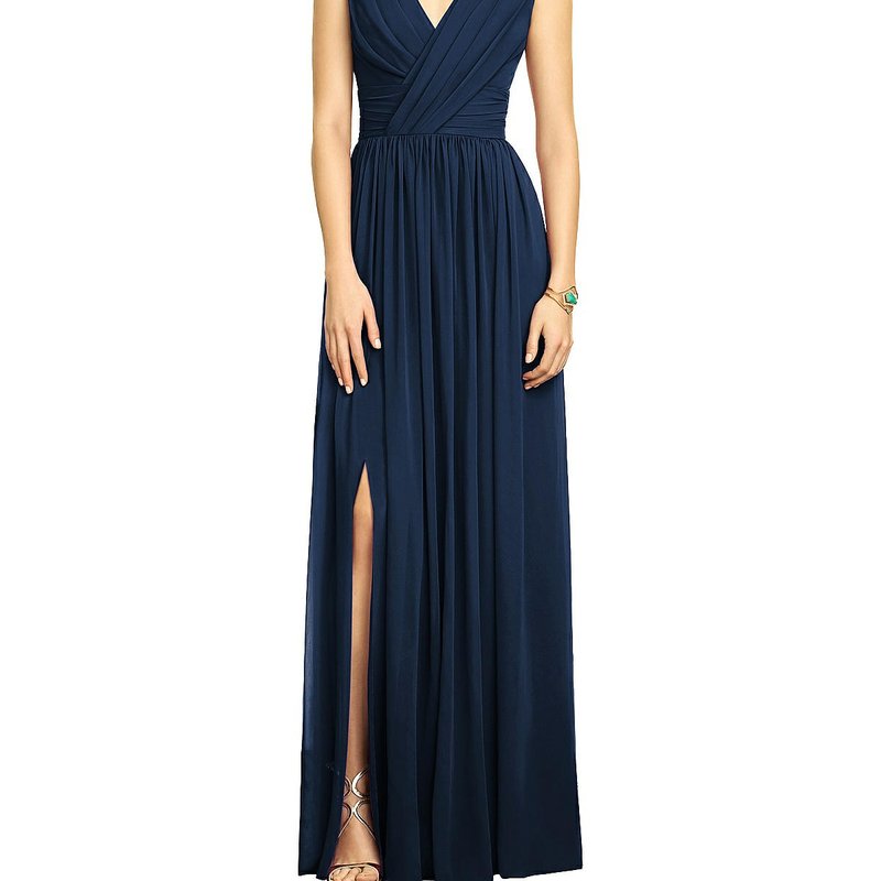 Shop Dessy Collection Sleeveless Draped Chiffon Maxi Dress With Front Slit In Blue