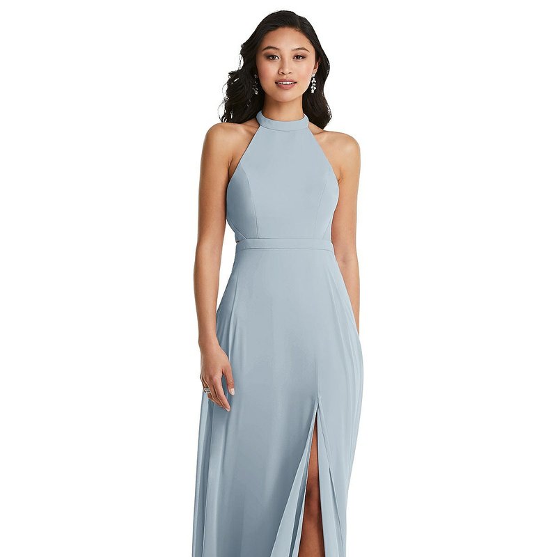 Shop Dessy Collection Stand Collar Halter Maxi Dress With Criss Cross Open-back In Blue